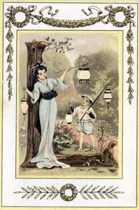 Lettre représentant une mère japonaise et son fils avec des lanternes, fin du XIXe siècle - French School