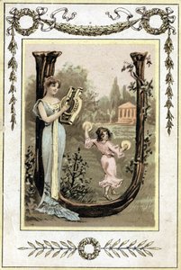Lettre représentant une mère jouant de la lyre et sa fille dansant avec un tambourin, fin 19e siècle (chromolithographie)