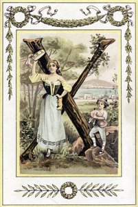 Lettre représentant une mère avec un tambourin et son fils en berger avec une cornemuse, fin 19e siècle (chromolithographie) - French School