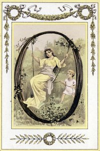 Lettre représentant une mère se balançant avec son fils, fin du XIXe siècle (chromolithographie)