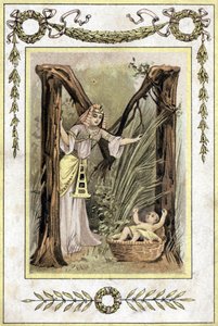 Lettre représentant une mère égyptienne trouvant un enfant abandonné (Moïse sauvé des eaux), fin 19e siècle (chromolithographie)
