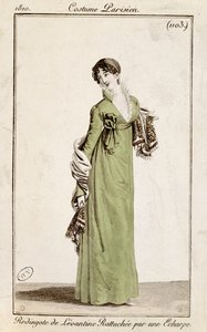 Redingote levantine fermée par une écharpe, planche de mode des Costumes Parisiens, 1810 - French School