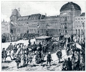 La vie sous Louis XV : le roi arrivant au Palais des Tuileries, où la reine et le dauphin l
