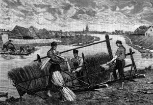 Linge : lin se précipitant dans la rivière Lys. Gravure dans « Le Journal de la jeunesse » - French School