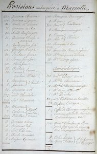 Liste des provisions à bord à Marseille et recettes antiscorbutiques dans « Voyage autour du monde sur le Solide Capitaine Marchand » (un journal de bord). 1791-1792. Archives nationales de Paris. - French School