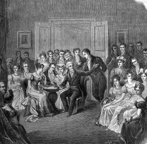 Salon littéraire au 19ème siècle : François Auguste Parceval de Grandmaison (Parceval Grandmaison, Parceval-Grandmaison) (1759-1834) lisant des vers de son poème "Philippe Auguste" dans un salon de l