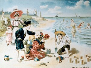 Petites pâtes : enfants jouant sur la plage avec du sable. Illustration du début du 20e siècle - French School