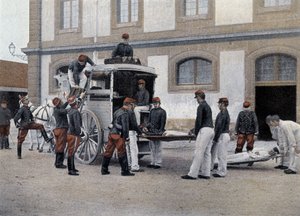 Chargement des blessés dans une ambulance - dans "Album militaire - Train des équipages"