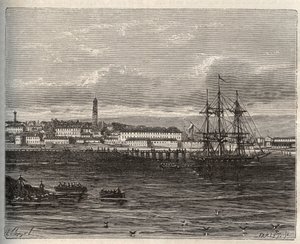 Lorient - Morbihan en Région Bretagne - gravure dans "La France illustrée : géographie, histoire, administration statistique" par V.A. Malt-Brown. 1884