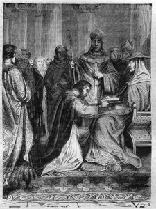 Lothaire Ier (795-855) aux pieds du pape Adrien II (792-872). Gravure dans « Histoire des Papes-Rois-Reines et Empereurs à travers les siècles » de Maurice Lachatre.