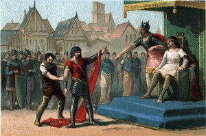 Louis Ier dit Le Débonnaire (814-840) fut dégradé et dépouillé par ses fils de ses titres impériaux. Chromolithographie vers 1890 - French School