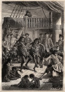 Louis Antoine, Comte de Bougainville (1729-1811) reçoit les habitants de la baie Fortescue (détroit de Magellan) dans son bateau « La Boudeuse » en 1768 - illustration tirée de « Les Grands Marins du XVIIIe siècle » - French School