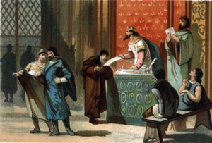 Louis VI dit Le Gros (1081-1137) a donné les chartes de poste des communes. Chromolithographie vers 1890 - French School