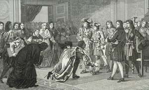 Louis XIV (1638-1715) le Roi Soleil présente son petit-fils Philippe V (1683-1746) aux envoyés espagnols, de 