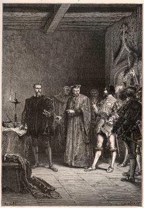 Louis de Berquin (1485-1529), chevalier et humaniste, réformateur religieux, libéré par Jean de la Barre (1523-1533) prévôt de Paris - Louis de Berquin (à gauche) libéré de prison par Jean de la Barre - gravure de « L
