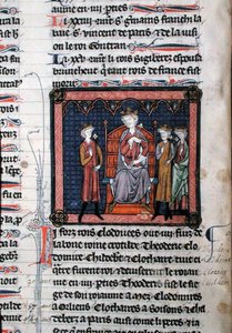 MS.782 Childeric II (c.650-675), Clodomir (c.495-524) et peut-être Théodoric, représentés sous la protection du roi Clotaire Ier (c.497-561), assis sur un trône, miniature des Chroniques de Saint-Denis (vélin) - French School