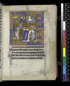 David prie Dieu (en haut), deux clercs (en bas), du Psautier et Heures d