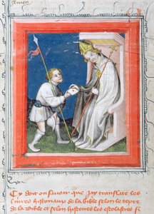 MS 313 Messager remettant une lettre du roi de France à un évêque, miniature de la Bible de Guiart des Moulins