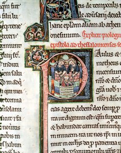 MS 3 Fol. 291v La Fuite de Saint Paul de Damas, lettre initiale illuminée P, 13ème siècle, de la Bible d