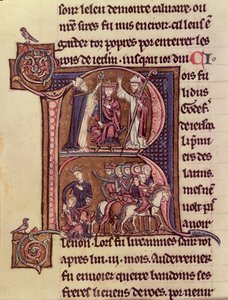 Initiale historiée R représentant le roi Baudouin Ier de Flandre (1171-1205) couronné empereur latin en 1204 et sa générosité envers une femme turque envoyant son enfant
