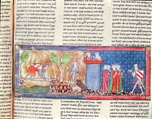 M. 806 f.166 Lancelot prouve son amour pour Guenièvre en traversant une rivière sur un pont d