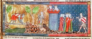 Lancelot prouve son amour pour Guenièvre en traversant une rivière sur un pont d