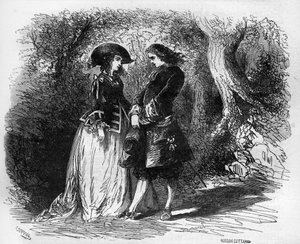 Mademoiselle de Pons rencontre son jeune amant Malicorne vers 1653. Gravure dans « L