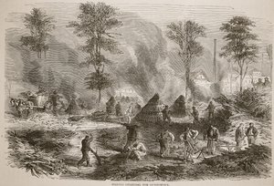 Fabrication de charbon de bois pour la poudre à canon, illustration de l