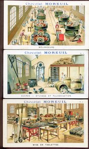 Fabrication du chocolat, image publicitaire pour le chocolat Moreuil, vers 1900