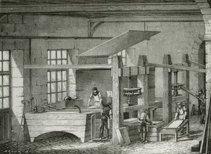 Fabrication de papier à la main par tamisage de la pâte. Gravure vers 1870. - French School