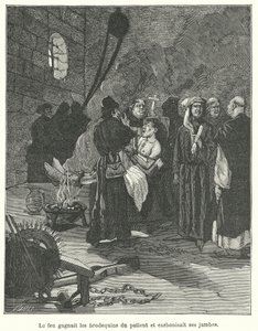 Homme torturé avec des brodequins et du feu (gravure) - French School