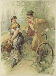 Homme à bicyclette faisant des avances à une femme de chambre (chromolitho) - French School