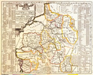 Carte des territoires français sous impôt, 1709, de Le Theatre du Monde par Jean-Baptiste Nolin, publié en 1717 (gravure en couleur) - French School