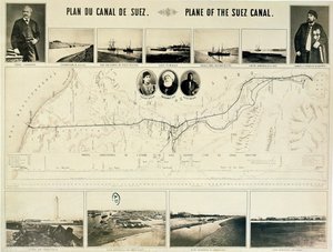 Carte du canal de Suez accompagnée de différentes vues et portraits de Ferdinand de Lesseps (1805-94) et Ismail Pacha (1830-95) 1869