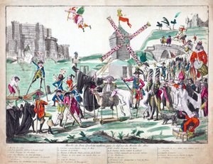 Marche du Dom Quichotte Moderne pour la Défense du Moulin des Abus, publiée en 1791 (eau-forte coloriée à la main) - French School