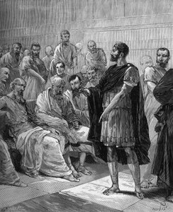 Marcus Atilius Regulus devant le Sénat romain - Le consul romain Marcus Atilius Regulus (vers 256 av. J.-C.) devant le Sénat romain - dans « Histoire populaire des sciences, inventions et découvertes des premiers siècles à nos jours » par Bitard Adolphe 18 - French School