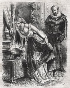 Marguerite de Valois (1553-1615), dite Reine Margot, cache Julien de Léris, son amant, dans un coffre. Son mari, le roi Henri IV de France (1553-1610), observe la scène avec amusement. 16ème siècle. Gravure de 1871 dans "Histoire Des Cocus Célèbres" par He - French School