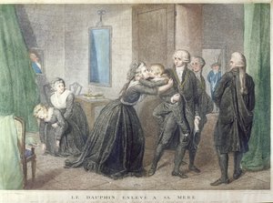 Marie-Antoinette (1755-1793) fait ses adieux à son fils le Dauphin, Louis-Charles de Bourbon (1785-1795) au Temple, 3 juillet 1793 (gravure en couleur) - French School