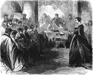 Marie Stuart (1542-1587) lors de son jugement en 1587. Dans « Histoire de la France », gravure du 19ème siècle.