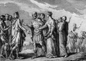 Mariage de Clovis Ier (466-511), roi des Francs, avec Clotilde (Sainte Clotilde, ca. 475-545) en 493. Gravure du 18ème siècle.
