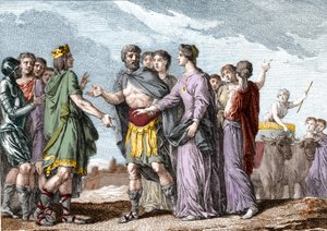 Mariage de Clovis Ier (481-511), roi des Francs, avec Clotilde (Sainte Clotilde, ca. 475-545) (reine) en 493. Gravure du XVIIIe siècle.