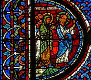Fenêtre de Marie-Madeleine : Marie, Marthe et Jésus vont à la tombe de Lazare - French School