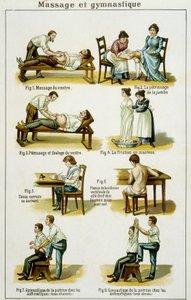 Planche médicale illustrant les massages et la gymnastique (tirée de Bilz, médication naturelle) fin XIXe siècle. - French School