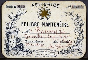 Carte de membre de Jan Baussy au Félibrige, Association Félibréenne - French School