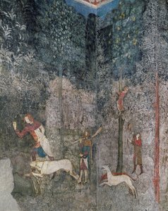 Hommes chassant avec des chiens, détail de La Chambre du Cerf (1343) - French School