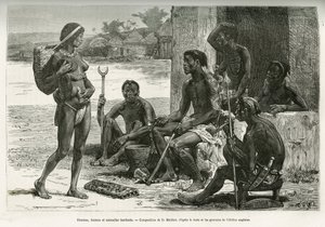 Hommes, femmes et ustensiles (région de Bihe, Rwanda). Gravure par D. Maillart, pour illustrer l
