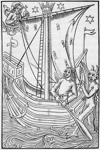 Navire marchand du Moyen Âge au milieu des périls de la mer. Gravure dans «La Marine et les colonies: commerce»