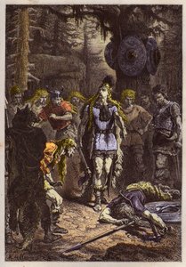 Mérovingiens : Clovis 1er abattant le soldat qui avait brisé le vase de Soissons, en 486 - Clovis (465-511) et le guerrier franc qui a brisé le vase de Soissons en 486 - gravure de "L