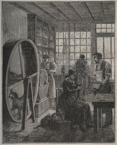 Métier et artisan : une coutellerie en province au XIXe siècle. Gravure de 1885 dans « Les arts et métiers illustrés » par Adolphe Bitard - French School