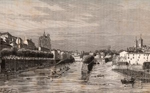 Metz - vue du port Saint-Georges - Moselle - gravure dans "La France illustrée: géographie, histoire, administration statistique" par V.A. Malte-Brun. 1884 - French School